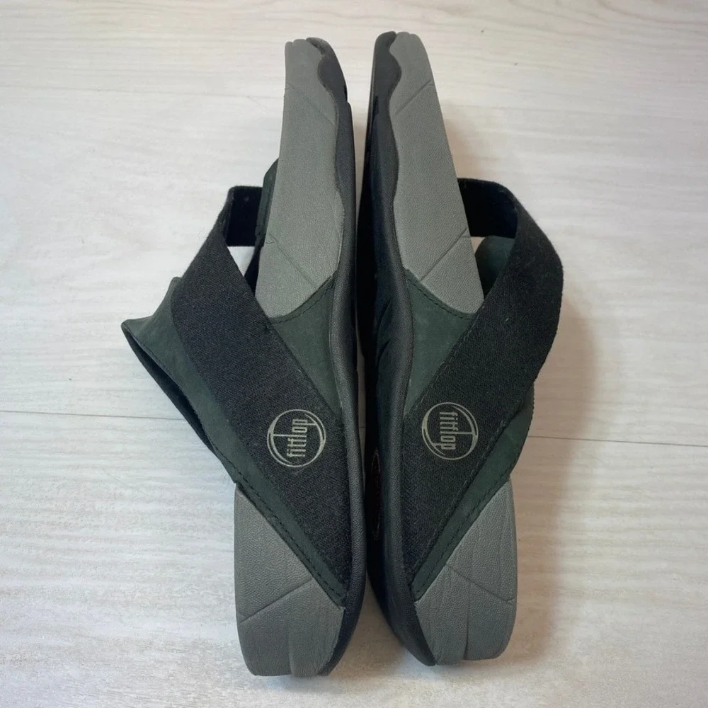 FitFlop Mens 12 Trakk II Cross Strap Sandal Microwobbleboard Black Grey Leather